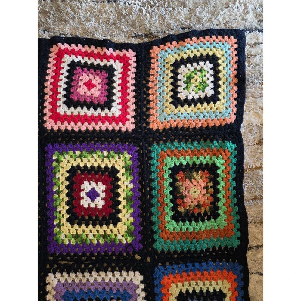 Vtg Crocheted Granny Square Afghan Lap Blanket Throw Multicolored 55x77